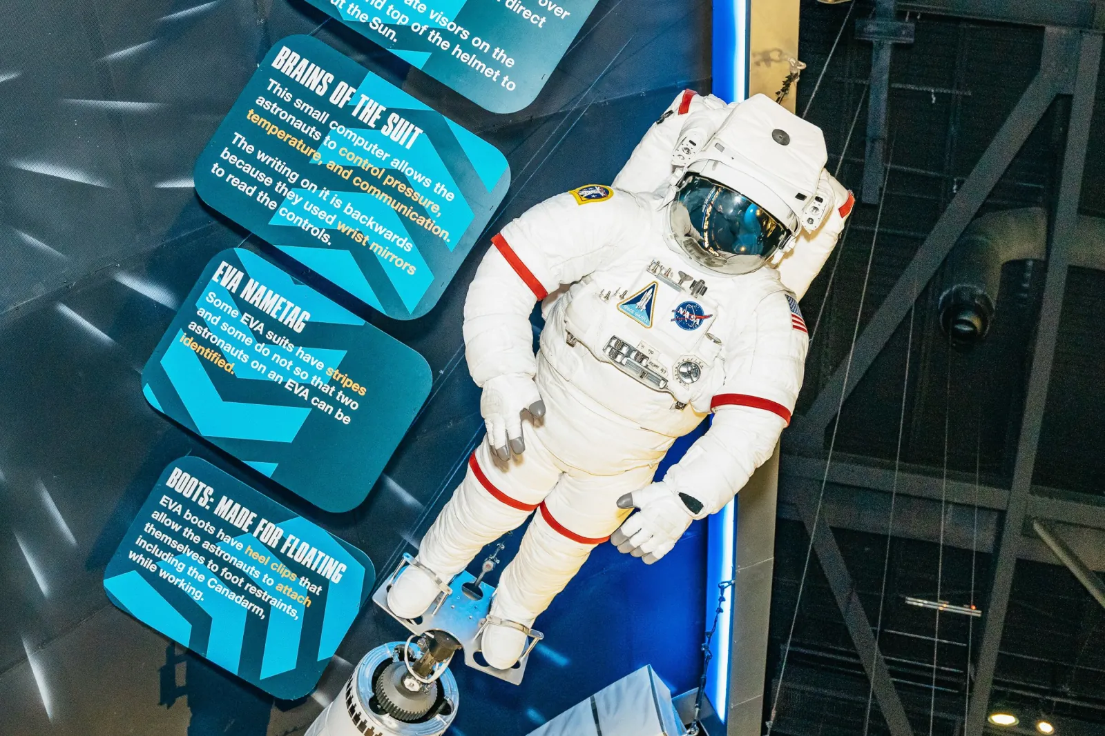 White NASA spacesuit mounted on an exhibit wall beside panels explaining how the suit works