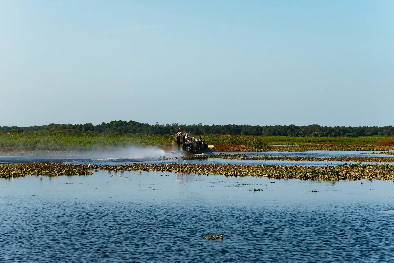 Airboat throwing up spray as it crosses open water in the marsh